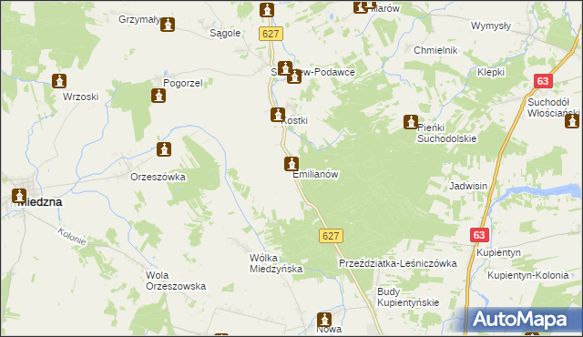 mapa Emilianów gmina Sokołów Podlaski, Emilianów gmina Sokołów Podlaski na mapie Targeo