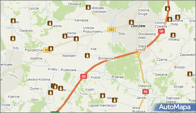 mapa Emilianów gmina Złoczew, Emilianów gmina Złoczew na mapie Targeo