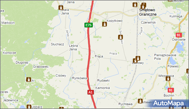 mapa Frąca gmina Smętowo Graniczne, Frąca gmina Smętowo Graniczne na mapie Targeo