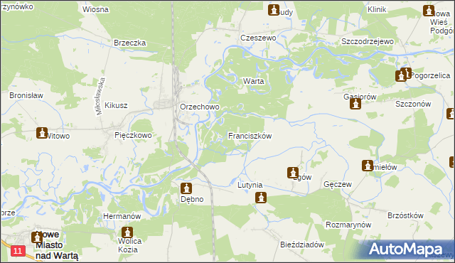 mapa Franciszków gmina Nowe Miasto nad Wartą, Franciszków gmina Nowe Miasto nad Wartą na mapie Targeo