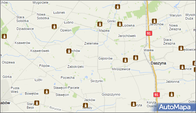 mapa Gąsiorów gmina Daszyna, Gąsiorów gmina Daszyna na mapie Targeo