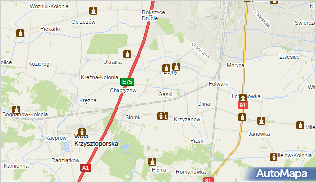 mapa Gąski gmina Wola Krzysztoporska, Gąski gmina Wola Krzysztoporska na mapie Targeo