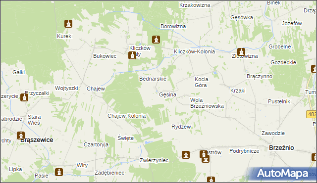 mapa Gęsina gmina Brzeźnio, Gęsina gmina Brzeźnio na mapie Targeo