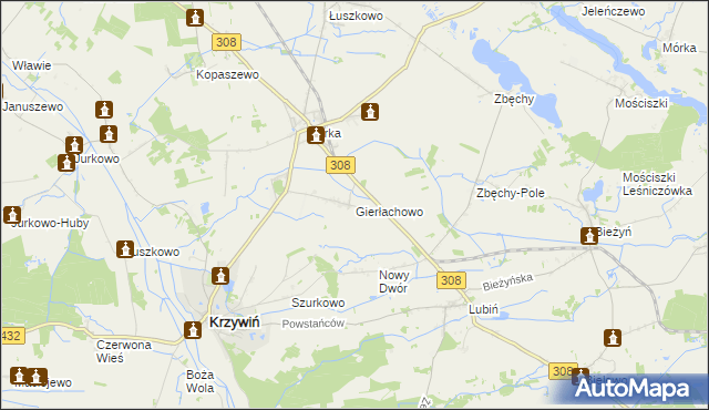 mapa Gierłachowo gmina Krzywiń, Gierłachowo gmina Krzywiń na mapie Targeo