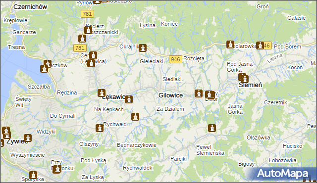 mapa Gilowice powiat żywiecki, Gilowice powiat żywiecki na mapie Targeo