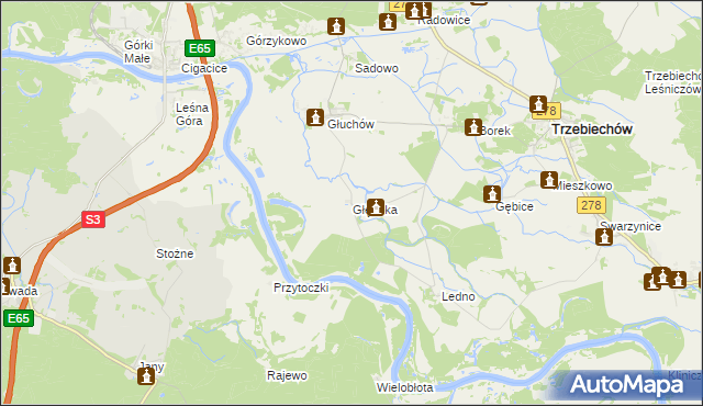 mapa Głęboka gmina Trzebiechów, Głęboka gmina Trzebiechów na mapie Targeo