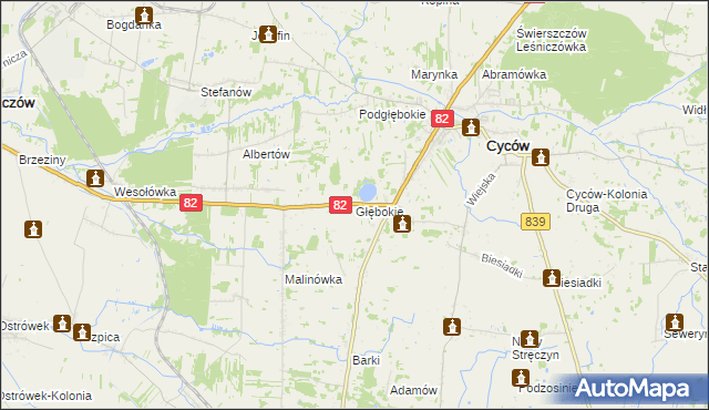 mapa Głębokie gmina Cyców, Głębokie gmina Cyców na mapie Targeo