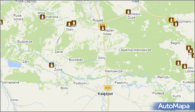 mapa Gliny gmina Księżpol, Gliny gmina Księżpol na mapie Targeo