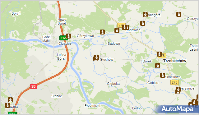 mapa Głuchów gmina Trzebiechów, Głuchów gmina Trzebiechów na mapie Targeo