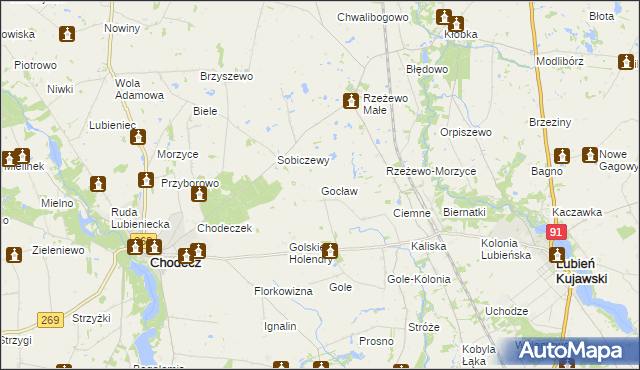 mapa Gocław gmina Lubień Kujawski, Gocław gmina Lubień Kujawski na mapie Targeo