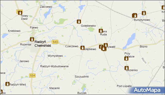 mapa Gołębiewo gmina Radzyń Chełmiński, Gołębiewo gmina Radzyń Chełmiński na mapie Targeo