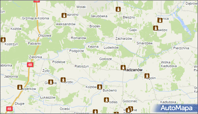 mapa Gołosze gmina Radzanów, Gołosze gmina Radzanów na mapie Targeo