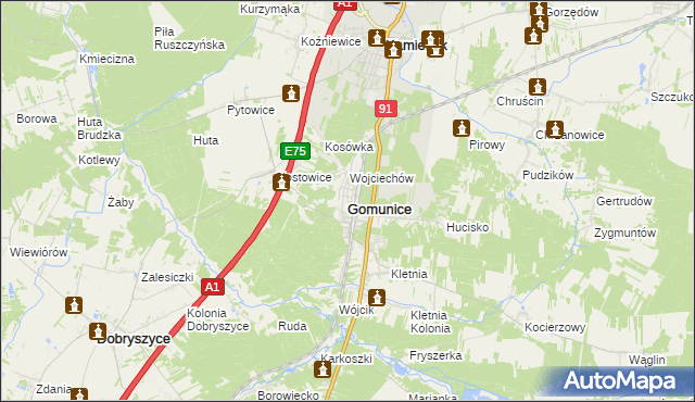 mapa Gomunice, Gomunice na mapie Targeo