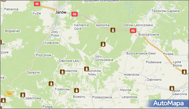 mapa Góry Gorzkowskie, Góry Gorzkowskie na mapie Targeo