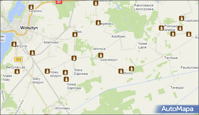 mapa Gościeszyn gmina Wolsztyn, Gościeszyn gmina Wolsztyn na mapie Targeo