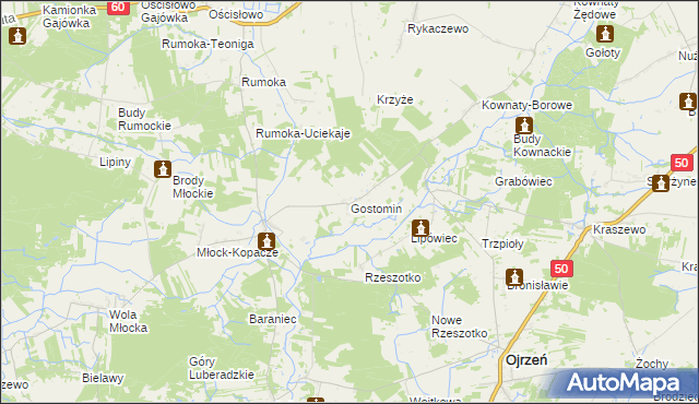 mapa Gostomin gmina Ojrzeń, Gostomin gmina Ojrzeń na mapie Targeo