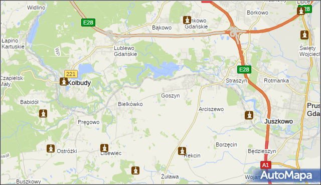 mapa Goszyn gmina Pruszcz Gdański, Goszyn gmina Pruszcz Gdański na mapie Targeo