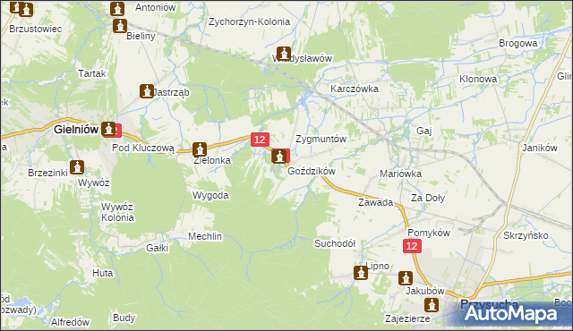 mapa Goździków gmina Gielniów, Goździków gmina Gielniów na mapie Targeo