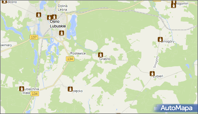 mapa Grabno gmina Ośno Lubuskie, Grabno gmina Ośno Lubuskie na mapie Targeo