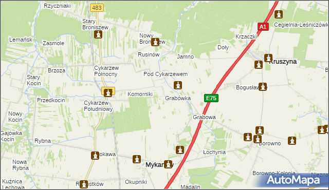 mapa Grabówka gmina Mykanów, Grabówka gmina Mykanów na mapie Targeo