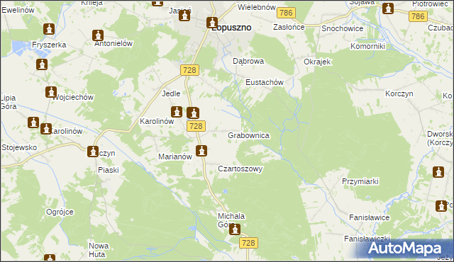 mapa Grabownica gmina Łopuszno, Grabownica gmina Łopuszno na mapie Targeo