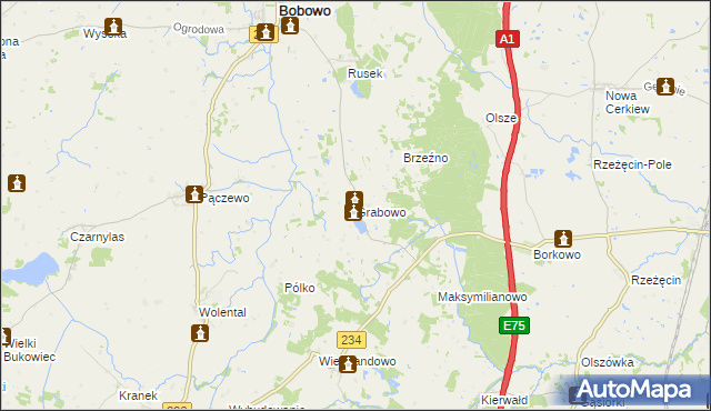 mapa Grabowo gmina Bobowo, Grabowo gmina Bobowo na mapie Targeo