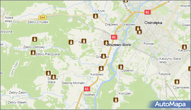 mapa Grabowo gmina Olszewo-Borki, Grabowo gmina Olszewo-Borki na mapie Targeo