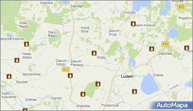 mapa Grądy gmina Ludwin, Grądy gmina Ludwin na mapie Targeo