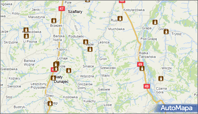 mapa Groń gmina Bukowina Tatrzańska, Groń gmina Bukowina Tatrzańska na mapie Targeo