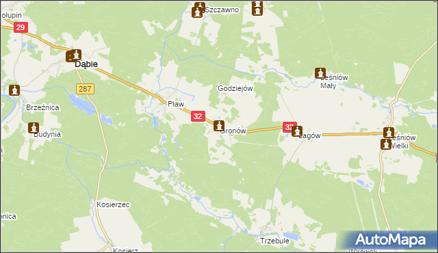 mapa Gronów gmina Dąbie, Gronów gmina Dąbie na mapie Targeo