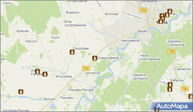 mapa Grzegorzewice gmina Warka, Grzegorzewice gmina Warka na mapie Targeo