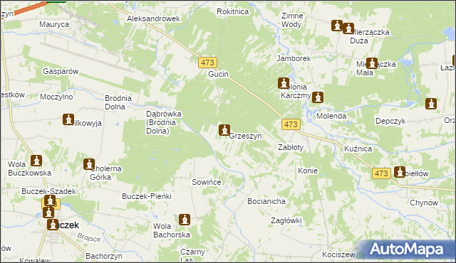 mapa Grzeszyn gmina Buczek, Grzeszyn gmina Buczek na mapie Targeo