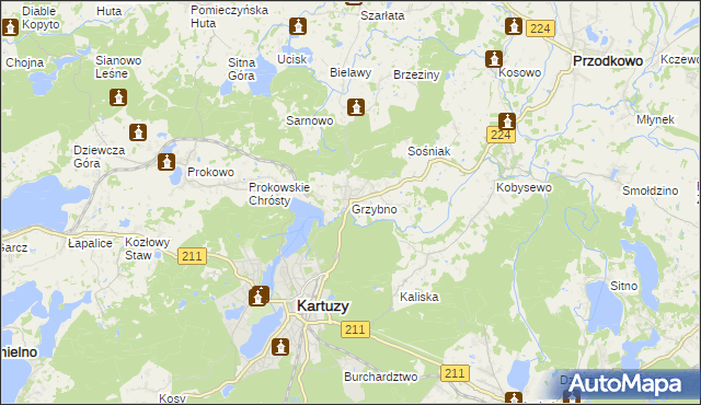 mapa Grzybno gmina Kartuzy, Grzybno gmina Kartuzy na mapie Targeo