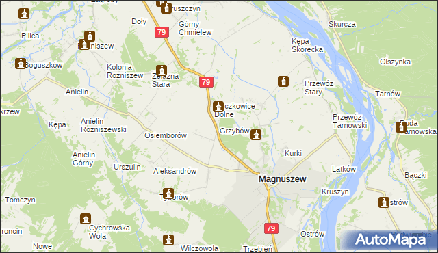 mapa Grzybów gmina Magnuszew, Grzybów gmina Magnuszew na mapie Targeo