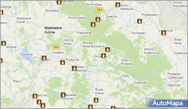 mapa Grzybów gmina Wadowice Górne, Grzybów gmina Wadowice Górne na mapie Targeo