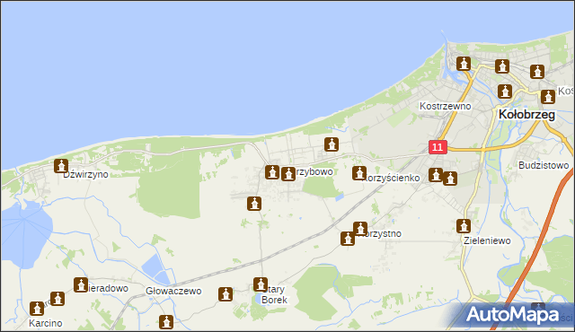 mapa Grzybowo gmina Kołobrzeg, Grzybowo gmina Kołobrzeg na mapie Targeo