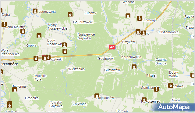 mapa Gustawów gmina Przedbórz, Gustawów gmina Przedbórz na mapie Targeo