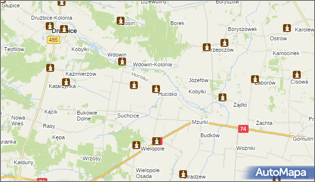 mapa Hucisko gmina Drużbice, Hucisko gmina Drużbice na mapie Targeo