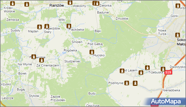 mapa Hucisko gmina Głogów Małopolski, Hucisko gmina Głogów Małopolski na mapie Targeo