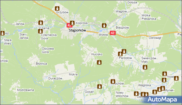 mapa Hucisko gmina Stąporków, Hucisko gmina Stąporków na mapie Targeo