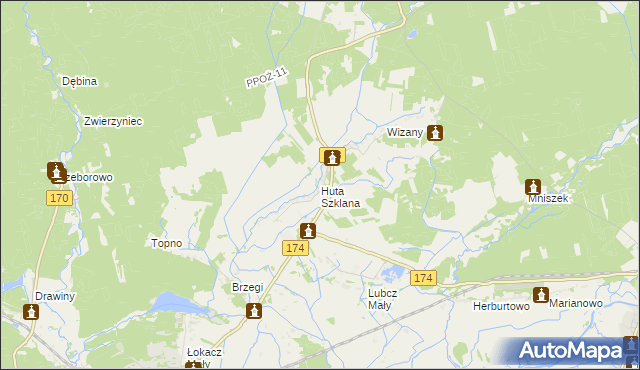 mapa Huta Szklana gmina Krzyż Wielkopolski, Huta Szklana gmina Krzyż Wielkopolski na mapie Targeo