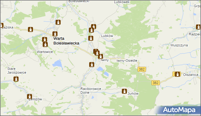 mapa Iwiny gmina Warta Bolesławiecka, Iwiny gmina Warta Bolesławiecka na mapie Targeo