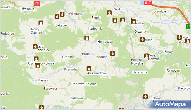 mapa Izdebno gmina Łaskarzew, Izdebno gmina Łaskarzew na mapie Targeo