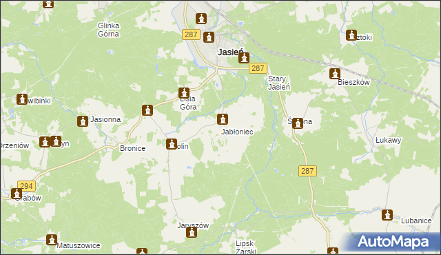 mapa Jabłoniec gmina Jasień, Jabłoniec gmina Jasień na mapie Targeo