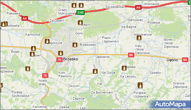 mapa Jadowniki gmina Brzesko, Jadowniki gmina Brzesko na mapie Targeo