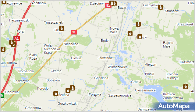 mapa Jadwinów gmina Gorzkowice, Jadwinów gmina Gorzkowice na mapie Targeo