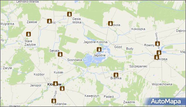 mapa Jagodne gmina Kłoczew, Jagodne gmina Kłoczew na mapie Targeo