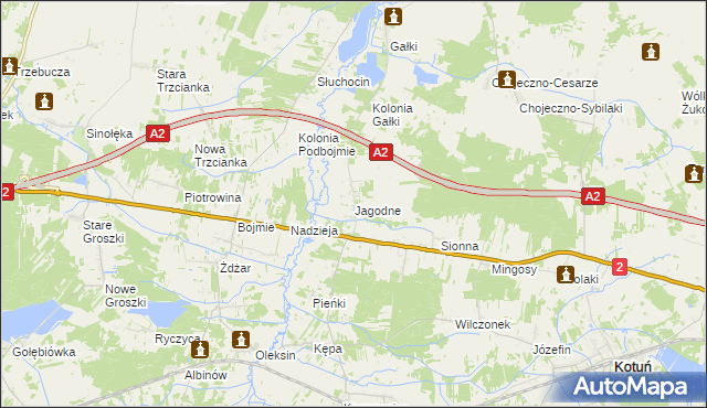 mapa Jagodne gmina Kotuń, Jagodne gmina Kotuń na mapie Targeo