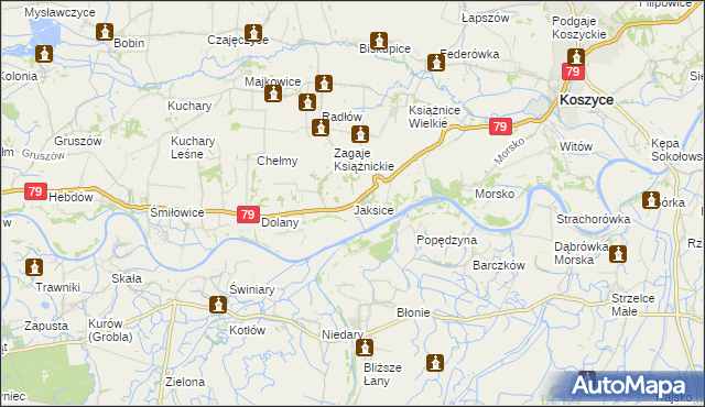 mapa Jaksice gmina Koszyce, Jaksice gmina Koszyce na mapie Targeo