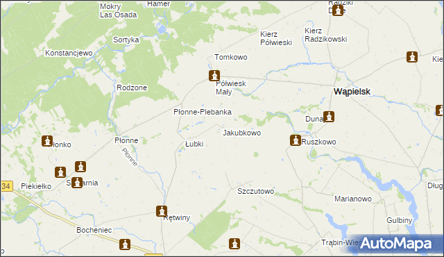 mapa Jakubkowo gmina Radomin, Jakubkowo gmina Radomin na mapie Targeo